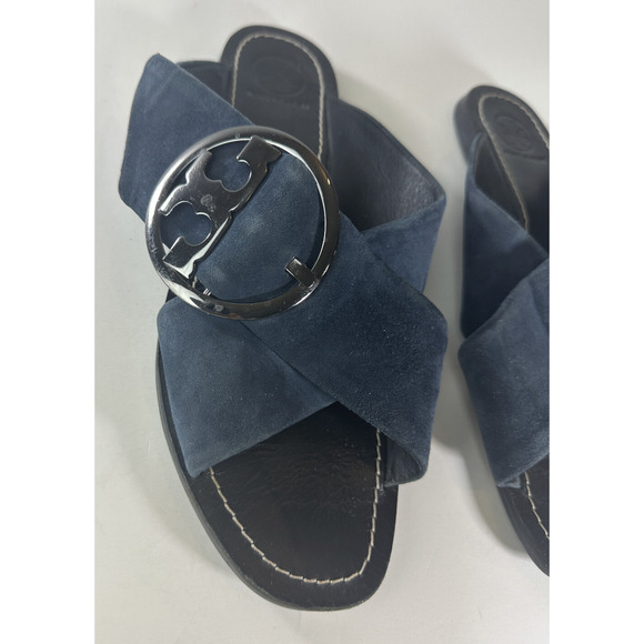 Tory Burch Grant Suede Sandal Open Toe Criss Cross Slides Midnight Blue 7.5 M - Picture 3 of 16